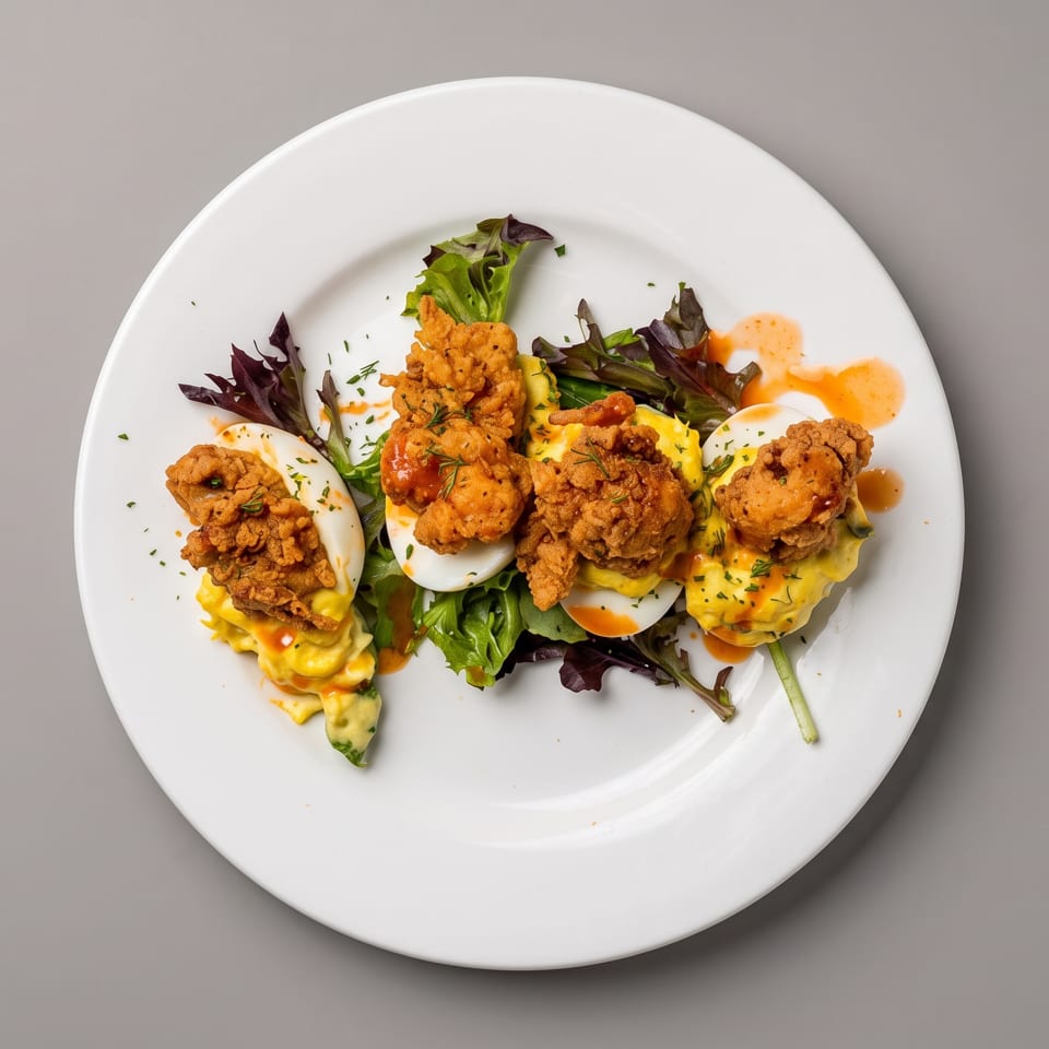 Four deviled eggs topped with crispy fried chicken, greens, and a spicy sauce on a white plate.