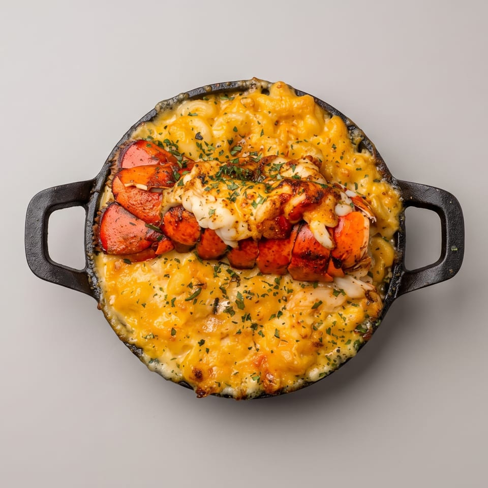 Golden baked lobster mac and cheese in a cast iron skillet, garnished with herbs.
