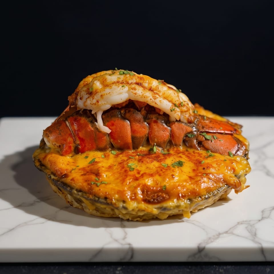Baked lobster tail with melted cheese and herbs, served on a white marble board.