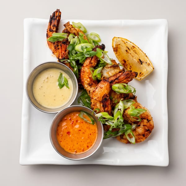 Grilled shrimp topped with green onions, served with a lemon wedge and two dipping sauces.