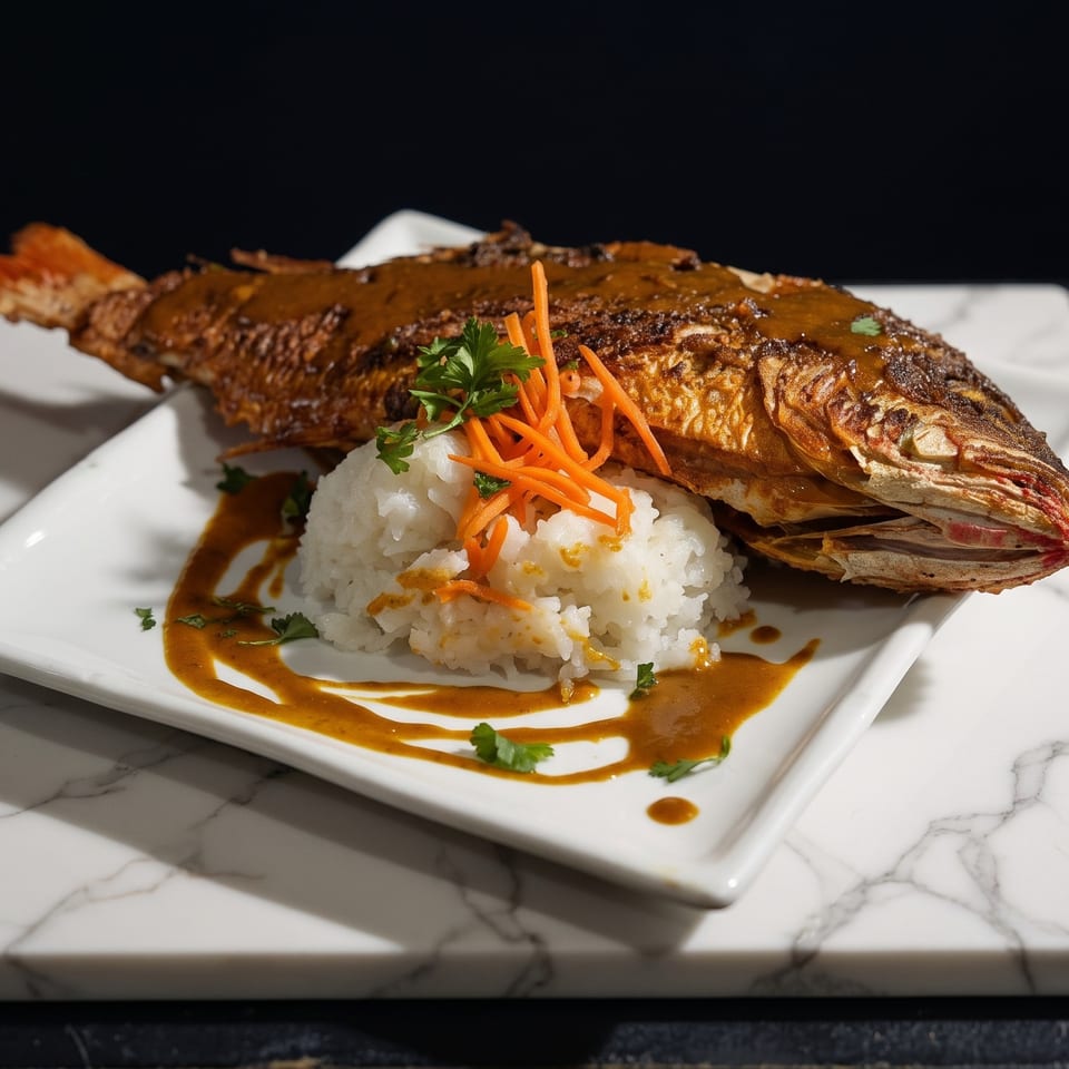 Whole fried fish with sauce, rice, shredded carrots, and parsley on a white plate.
