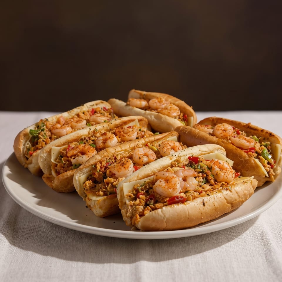 A white plate holds several shrimp po'boy sandwiches with cheese and vegetables on a white tablecloth.