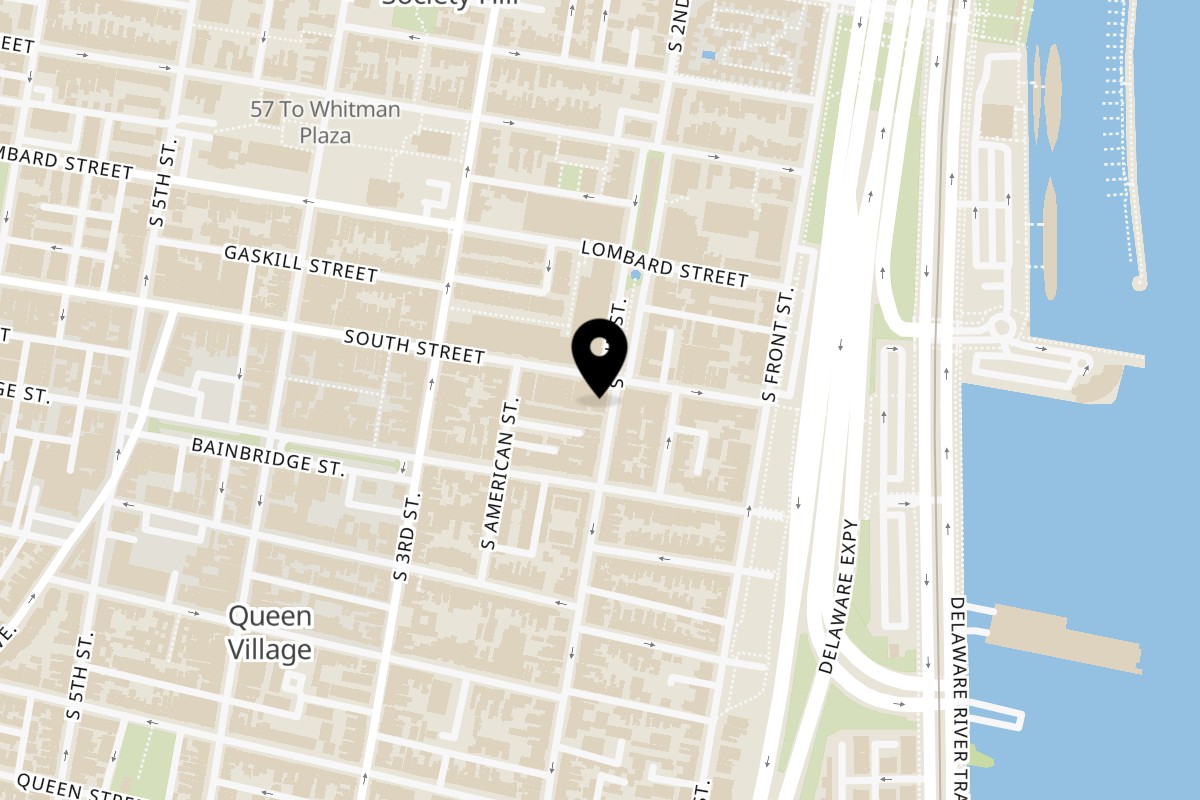 Map showing the location of Two Street Crab House on 604 S 2nd St in Philadelphia